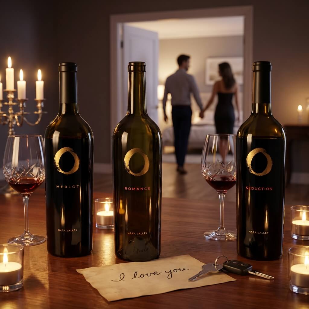 Three wine bottles labeled 'Merlot', 'Romance', and 'Seduction' on a table with glasses and a romantic background.