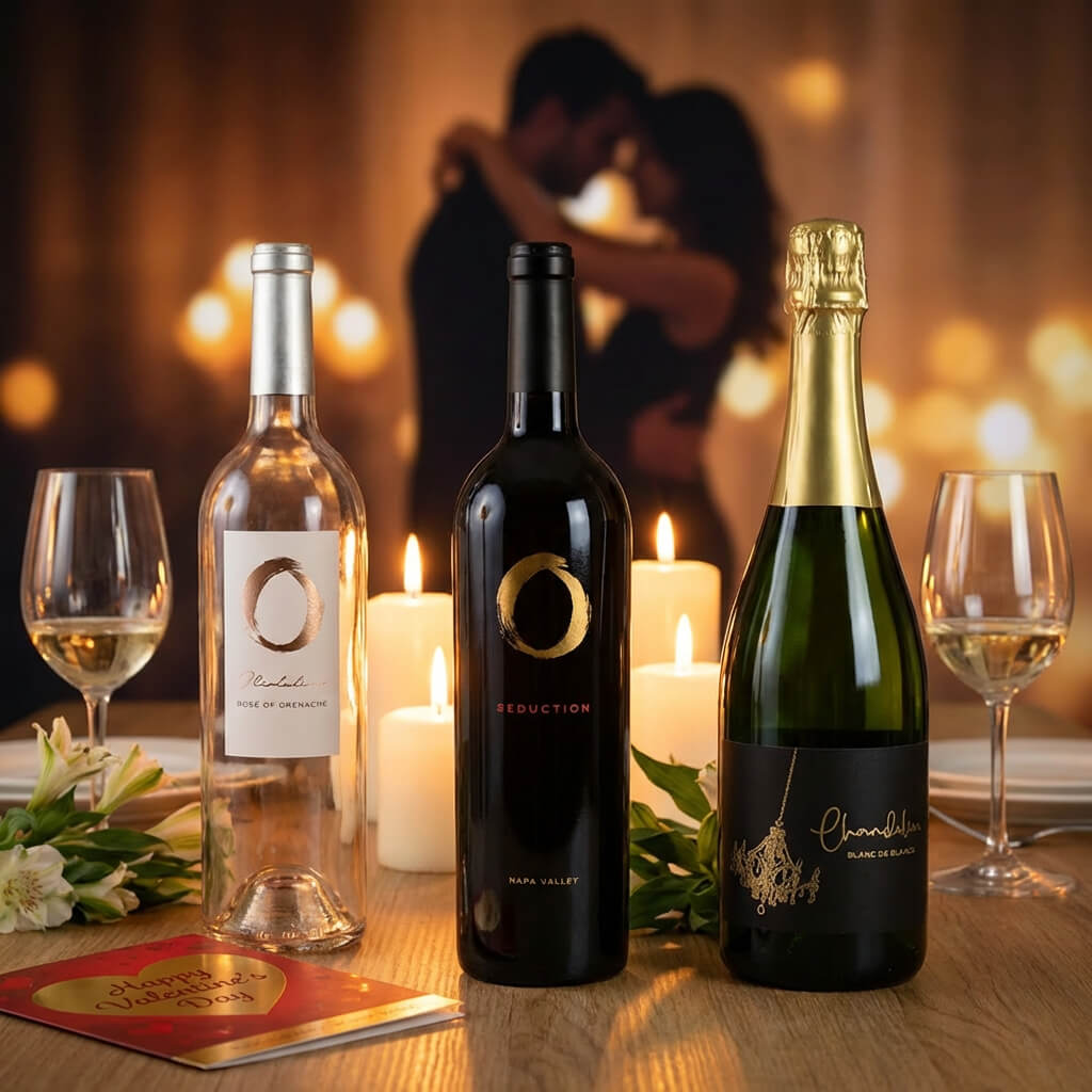 Three wine bottles on a table with blurred background of a couple embracing